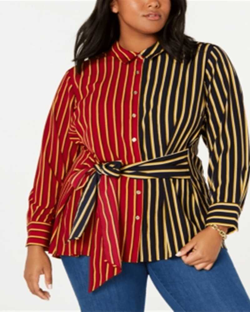 Front of a model wearing a size 2X Tommy Hilfiger Women's Plus Size Mixed-Stripe Tie-Front Shirt Red Size 2X in Red by Tommy Hilfiger. | dia_product_style_image_id:313776